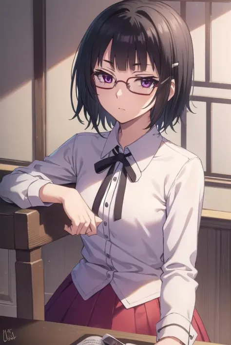 sounasitri, <lora:souna sitri anime s1-lora-nochekaiser:1>,
souna sitri, short hair, black hair, hair ornament, glasses, hairclip, bangs, blunt bangs, (purple eyes:1.1),
BREAK shirt, ribbon, school uniform, white shirt, black ribbon, neck ribbon, capelet, ...