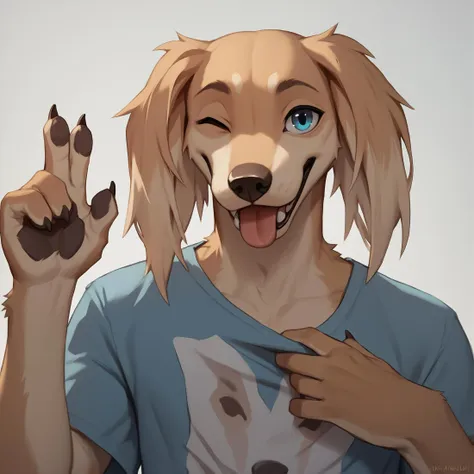 there is a drawing of a dog with a blue shirt on