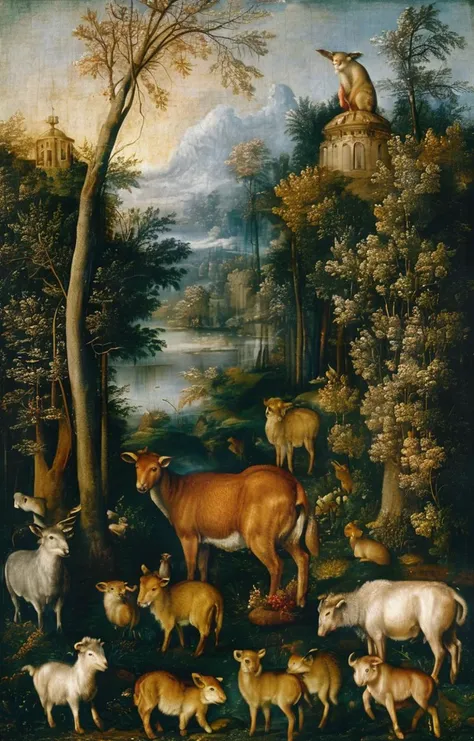 a painting of a group of animals in a wooded area