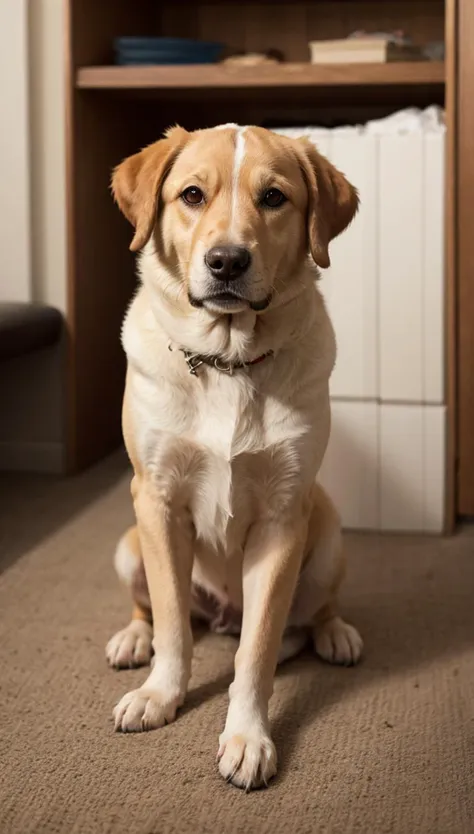 there is a dog sitting on the floor in front of a bookcase