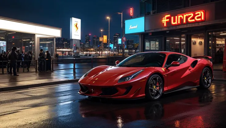 a close up of a red sports car parked in front of a building