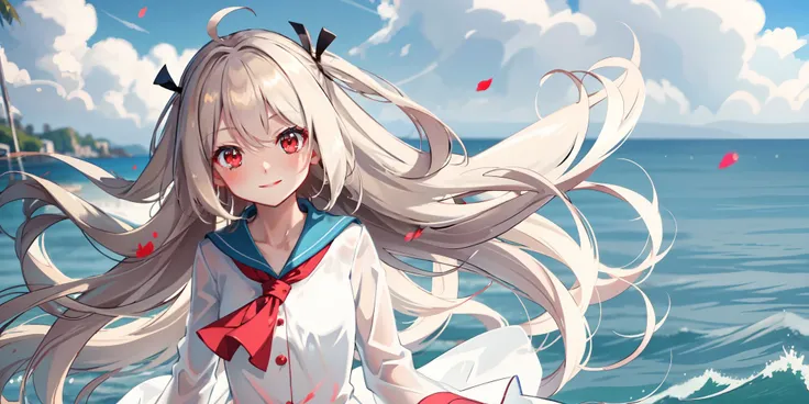 cute girl, smile face , red eyes, (white dress:1.1), morning, beach,  splashes, <lora:atri:0.75>, (best quality:1.1), (masterpiece:1.2), high quality shadow, beautiful detailed, (high detailed skin, skin details),(wide_landscape,8k), beautiful face, detail...