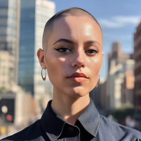 a close up of a woman with a shaved head and a city skyline