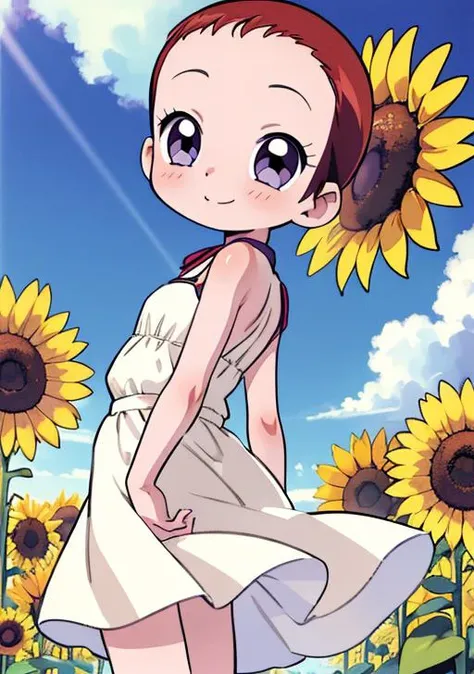 <lora:kayoko:0.9> (masterpiece, highres, best quality, ultra detailed, detailed background:1.2), Nagato kayoko, sunflower field, summer, sunlight, 1girl, smile, white sundress, looking at viewer, leg apart, arms behind back, wind