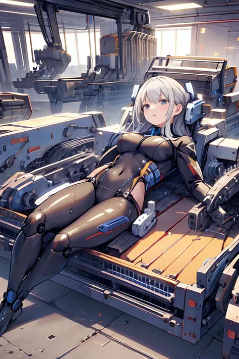 anime girl laying on a bed in a factory with machines