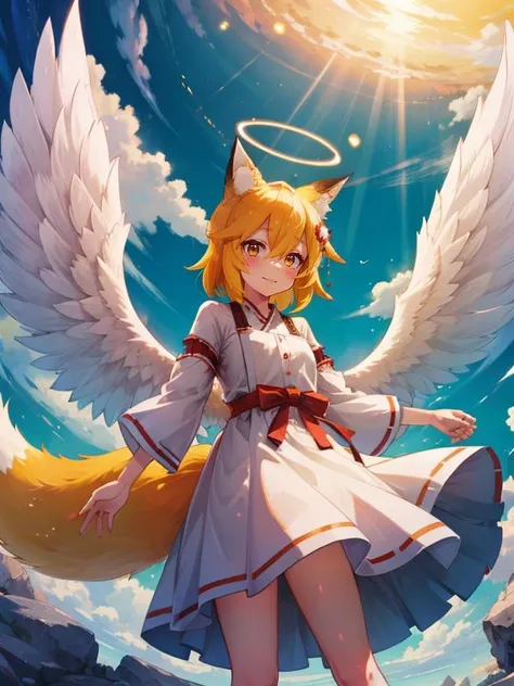 (paradise:1.1), from below, blue sky
<lora:senkoLora_v4:0.8> sen, blonde hair, 1girl, animal ears, (fox ears:1.1), blush, animal ear fluff, solo, hair ornament, fox girl, hair flower, hair between eyes, short hair, yellow eyes, fox tail, tail, dutch angle,...