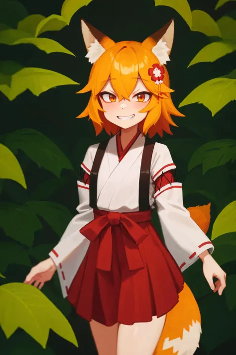 masterpiece, highest quality, cowboy shot, best quality, 1girl, solo, looking at viewer,  outside, (in the bushes:1.3), legs spread, 
sen, animal ears, fox ears, fox girl, fox tail, hair flower, hair ornament, orange eyes, orange hair, short hair, tail, mi...