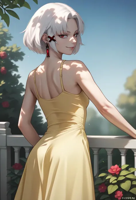 score_9, score_8_up, score_7_up, source_anime BREAK 1girl, <lora:drake-nikke-richy-v1_pdxl:1> drakernd, short hair, white hair, red eyes, earrings, x hair ornament, (yellow sundress:1.3), from behind, solo, garden, realistic, beautiful, serene, dappled sun...