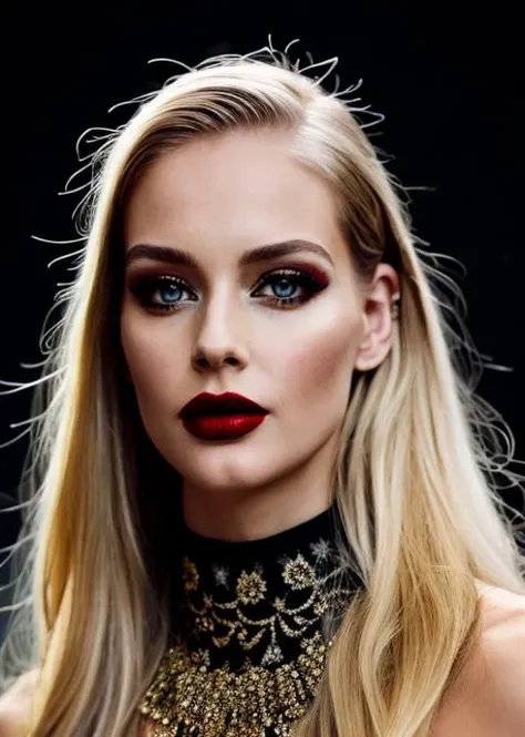 fashion editorial style, a captivating masterpiece of an woman with blonde hair, half body, The intricate lace and gold details exude a very rebellious aura. ((The use of high-shine gloss adds a touch of glamour to the look)), ((while the deep red and blac...