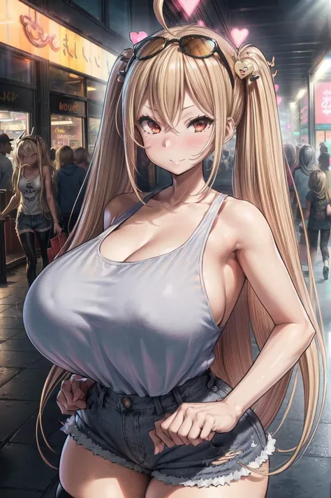 detailed illustration, Saaya (kirome), (blonde hair, twintails, long hair, sidelocks, hair between eyes, orange eyes, ahoge), (heart-shaped hair ornament), gyaru, (grey tanktop:1.4, grey shirt, sleeveless, shoulder straps, bare shoulders, cleavage, denim s...