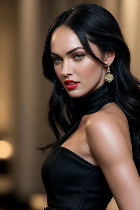 a close up of a woman in a black dress with a red lipstick