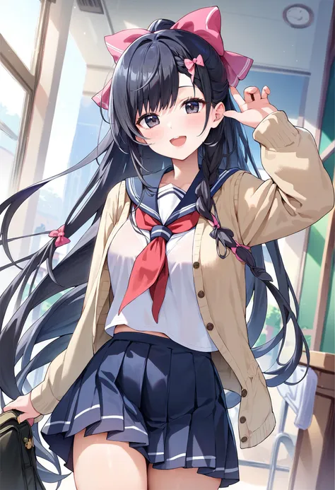 anime girl with long black hair and a red bow in a school uniform