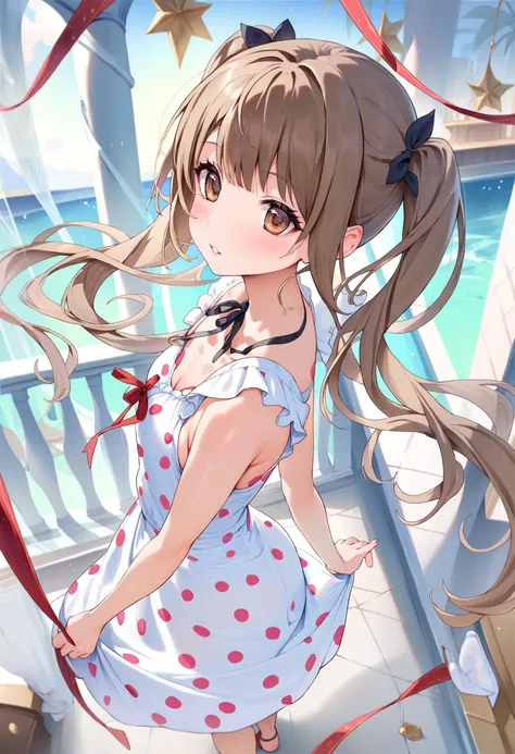 anime girl with long hair and a polka dot dress standing on a balcony