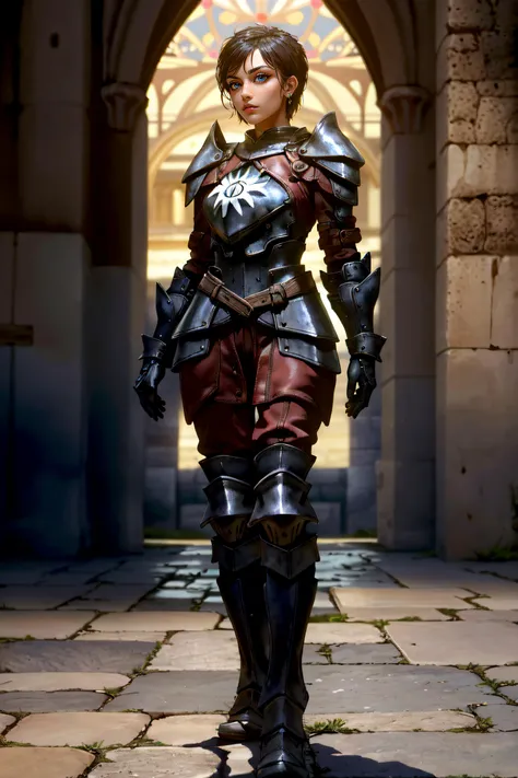 (masterpiece, best quality, ultra detailed, absurdres)1.5, 1girl, (sexy, beautiful woman, perfect face, perfect eyes, perfect female body)1.5, (cassandrada, short hair, black hair, armor, shoulder armor, gloves, armored boots, <lora:CassandraDA :0.7>), (st...