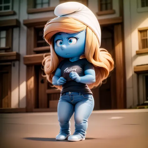 ((masterpiece, best quality)),(complex light),1girl , blonde hair, Smurfette, colored skin, blue skin,<lora:smurfette2:0.8>, hat,  blue eyes,full body, black shirt,muscular,  jeans,