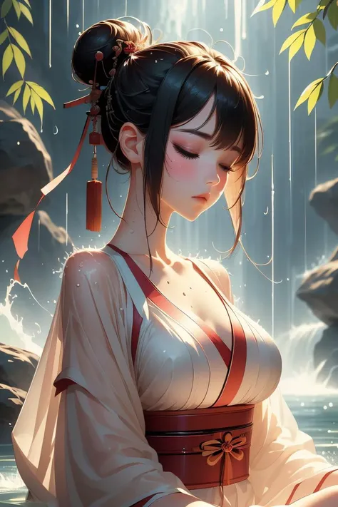 (masterpiece, best quality), 1girl,  Carmine High Bun with Bangs, medium breasts,  <lora:girlliketakigyoV2:1> takigyo, mudra, close hands together, meditation, falling water hitting body, close eyes, daze eyes, see through hanfu