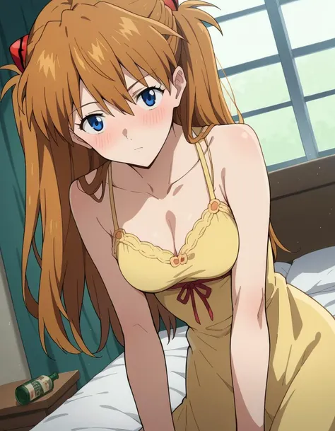 anime girl in yellow dress with red bow on bed