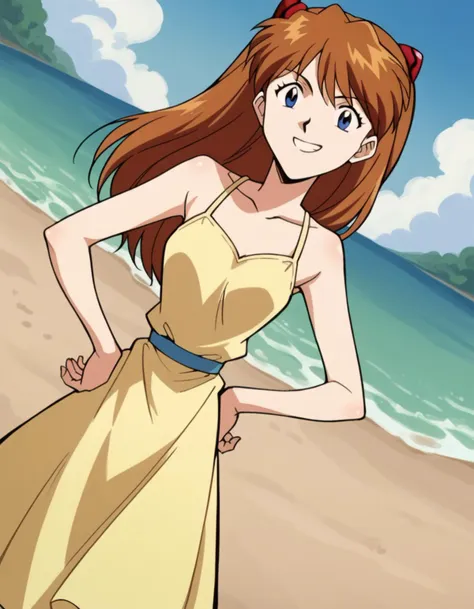 a woman in a yellow dress standing on a beach next to the ocean