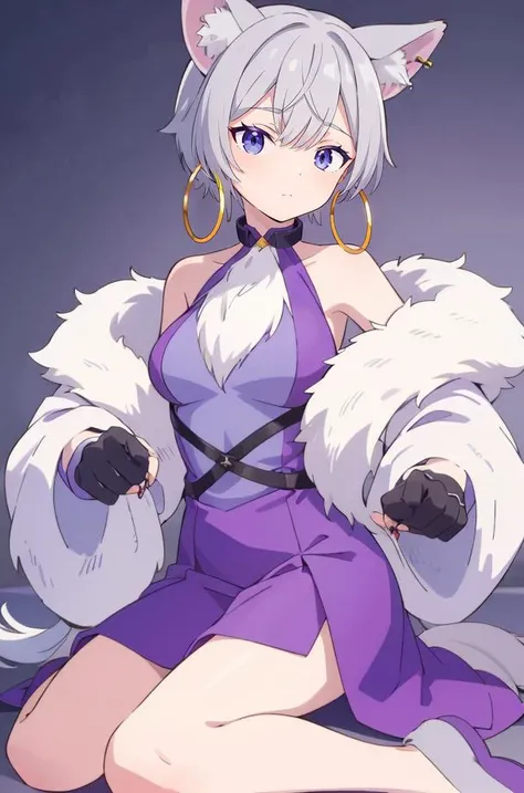 1girl, SDOuka, grey hair, wolf ears, wolf tail, hoop earrings, gloves, paw shoes, grey chest fluff, claws, fur, purple dress, (masterpiece:1.2), best quality, crisp, clear, highres, <lora:Ouka-14:0.7>, <lora:GoodHands-beta2_Envy:1>