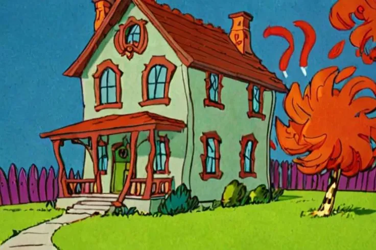 a frame of a animated film of a house, style drseussfilm <lora:Dr._Seuss_Film_Style_XL>