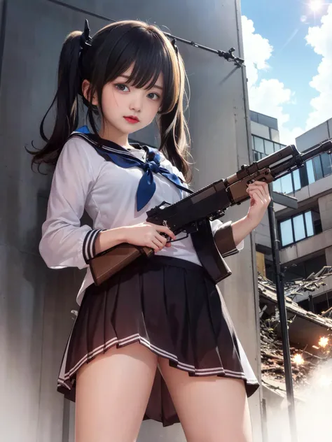 masterpiece, best quality, high resolution,  depth of field,
1girl, solo, (black_hair, twintails), blue_eyes,
holding gun, ak-47, akm, assault rifle, kalashnikov rifle, trigger_discipline, low-ready,
(sailor suit:1.3, pleated skirt),
(portrait, left view),...