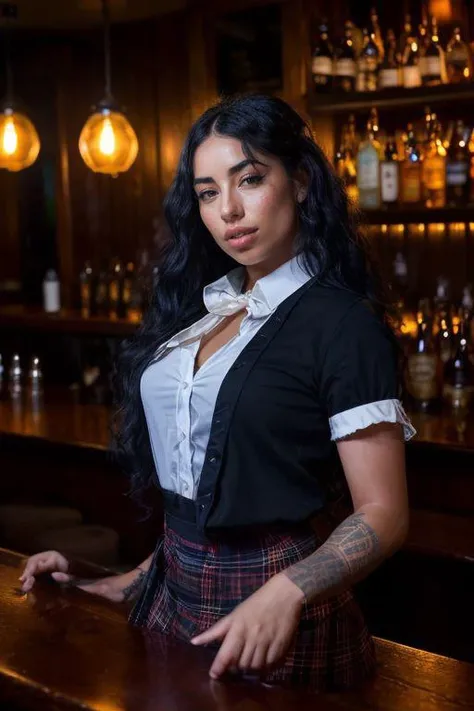 DEN_kattdumont_OF,
(working in a dark atmospheric bar, working behind the bar, pulling pints, bar, dark wood bar, atmospheric, wearing a shirt and tie and skirt:1.2),
bokeh, f1.4, 40mm, photorealistic, raw, 8k, textured skin, skin pores, intricate details ...