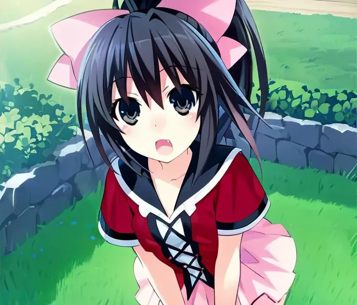 anime girl in a pink dress crouching down in a grassy field