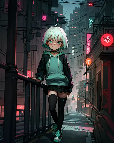 1girl, white hair, short hair, aqua eyes, glowing eyes, full-face blush, light smile, freckles, hoodie, skirt, thighhighs, sneakers, choker, city, street, night, neon lights, solo, leaning on rail, <lora:as109_128_dim128_dp0.95:0.75> AS-YoungerV2, <lyco:Go...