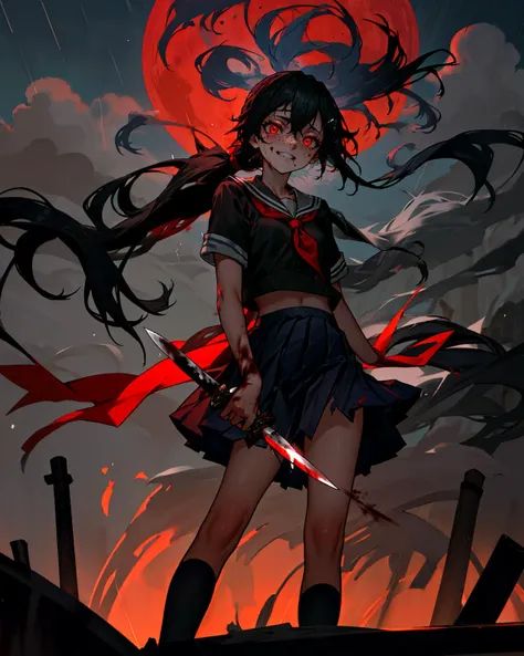 1girl, black hair, ponytail, red eyes, glowing eyes, crazy smile, freckles, school uniform, torn clothes, street, east asian architecture, rain, cloud, dark sky, night, red moon, solo, <lora:as109_128_dim128_dp0.95:0.75> small breasts, standing, blood on h...