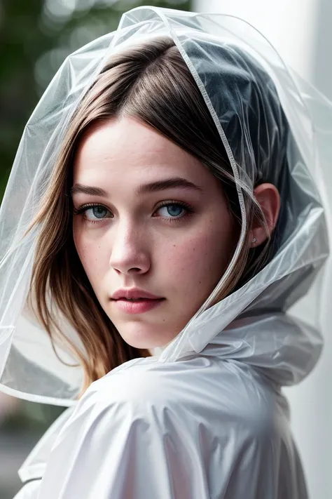 photo of beautiful (Koh_VictoriaPerdetti:0.99), a woman with perfect hair, wearing (white transparent raincoat:1.1),  ((Tinycore:1.1)), (plain white background:1.1), (happy:1.2), modelshoot style, (extremely detailed CG unity 8k wallpaper), professional ma...