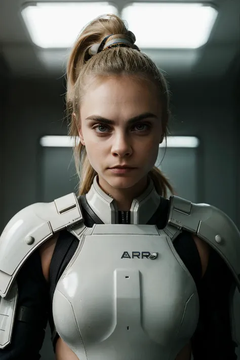 RAW photo, portrait of a woman, (caradelev1ngne_ti-4600:0.99),wearing a futuristic space armor suit,blonde ponytail hair,round eyes,serious look on her face, (high detailed skin:1.1), 8k uhd, dslr,cinematic lighting, high quality, shot on arri alexa 65