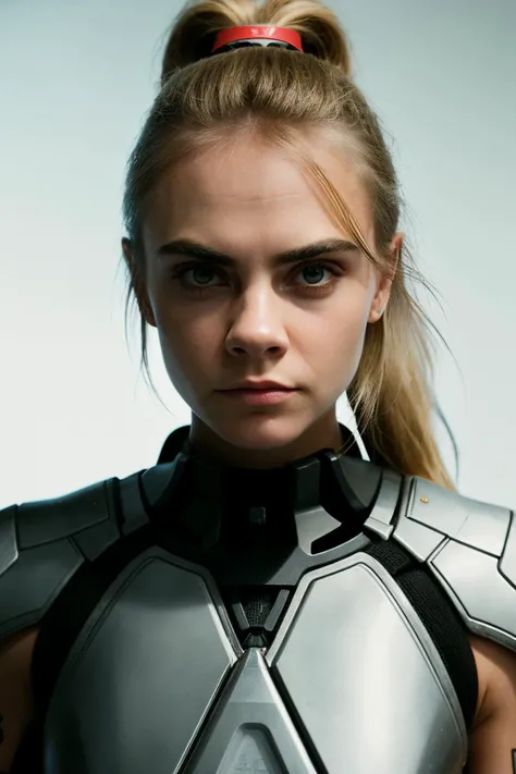 RAW photo, portrait of a woman, (caradelev1ngne_ti-4600:0.99),wearing a futuristic space armor suit,blonde ponytail hair,round eyes,serious look on her face, (high detailed skin:1.1), 8k uhd, dslr,cinematic lighting, high quality, shot on arri alexa 65