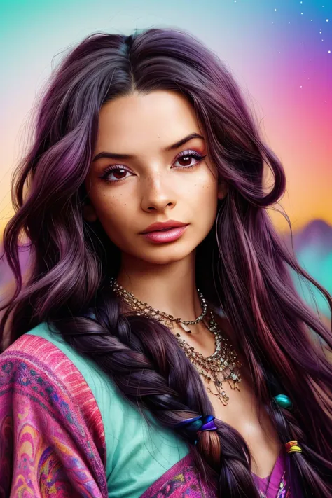 (psychedelic version, vibrant, kaleidoscopic, surreal, detailed:1.15), <lora:sd15_AliceGreczyn_locon_64_v1-000050:1> AliceGreczyn, focus on eyes, close up on face, wearing jewelry, old rose color hair styled as micro braids, soft focus