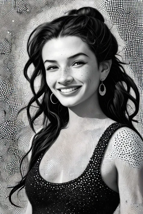 (pointillist painting, dots, Seurat style, vibrant, highly detailed:1.15), <lora:sd15_AliceGreczyn_locon_64_v1-000050:1> AliceGreczyn, focus on eyes, close up on face, laughing, hair styled as mussed-up bun, desaturated grunge filter