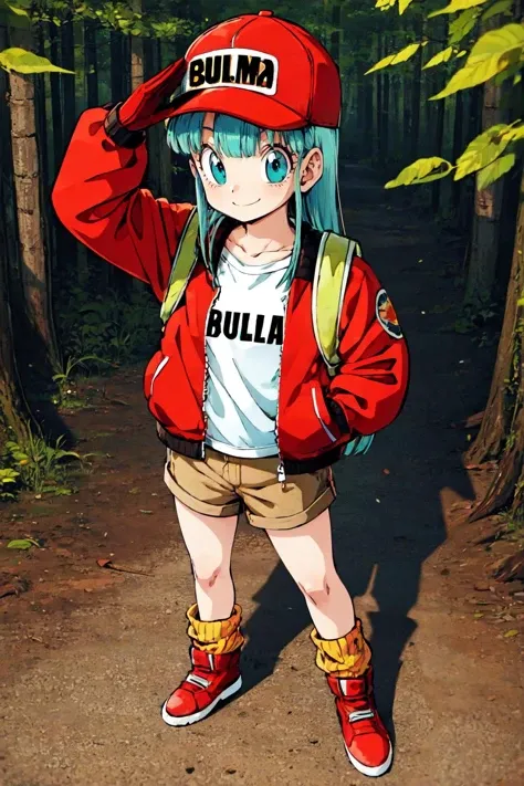 bulma (dragonball), 1girl, solo, looking at viewer, smile, bangs, blue eyes, nature, gloves, touching head, forest, closed mouth, aqua hair, standing, collarbone, looking up at viewer, jacket, full body, boots, shorts, character name, eyelashes, red footwe...