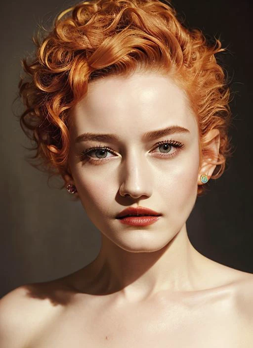 portrait of sks woman by Flora Borsi, style by Flora Borsi, bold, bright colours, orange Mohawk haircut, ((Flora Borsi)), <lora:locon_juliagarner_v1_from_v1_64_32:1.25>