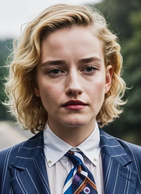 A stunning intricate color close up portrait of (sks woman:1) , wearing Striped blazer and dress pants, epic character composition, sharp focus, natural lighting, subsurface scattering, f2, 35mm, film grain, , by Gregory Crewdson, <lora:locon_juliagarner_v...