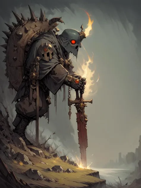 a painting of a giant robot with a sword and a fire