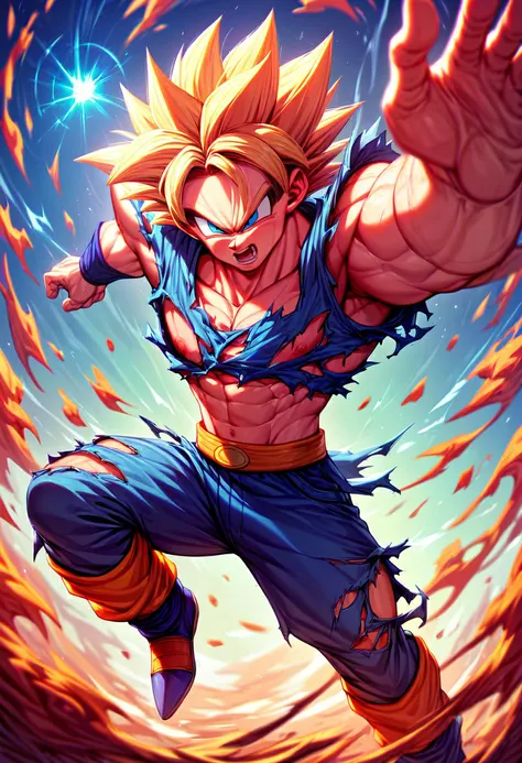 a drawing of a young goku running through a fire