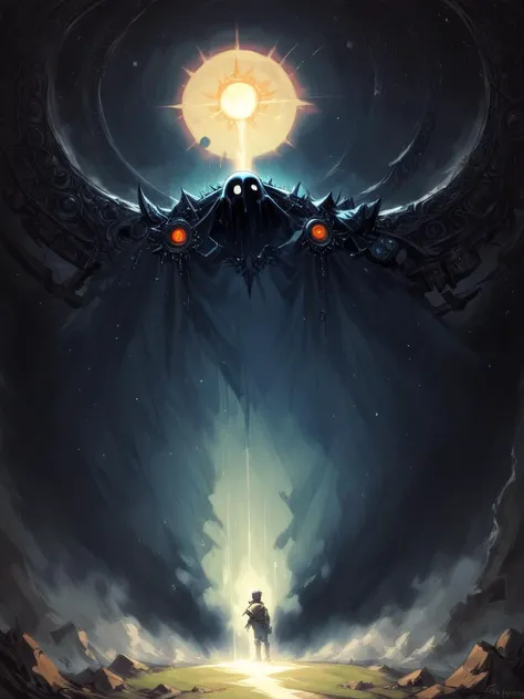 a man standing in front of a giant monster with a light shining on it