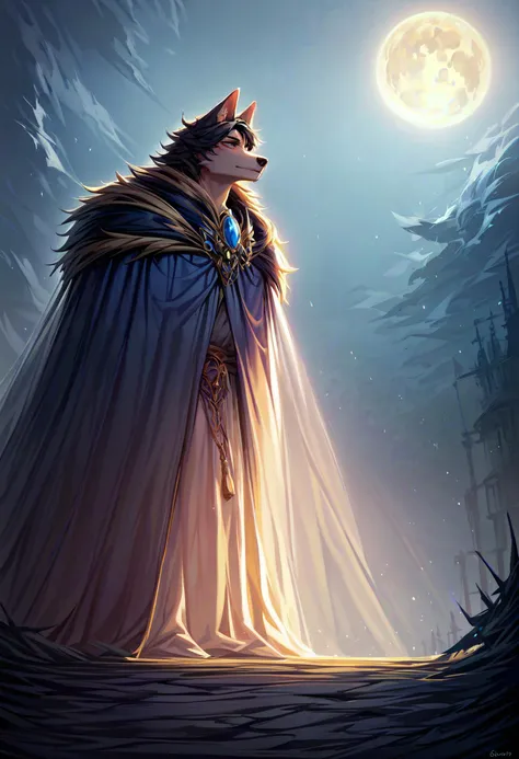 a man in a cloak and cape standing in front of a full moon