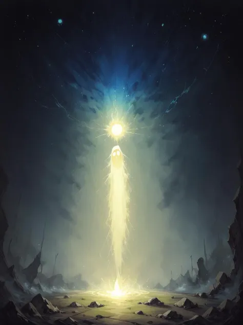 a painting of a light shining over a desert area