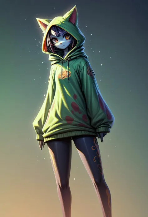 a drawing of a girl in a green hoodie and black leggings