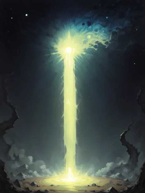 a painting of a tall tower with a light shining from it