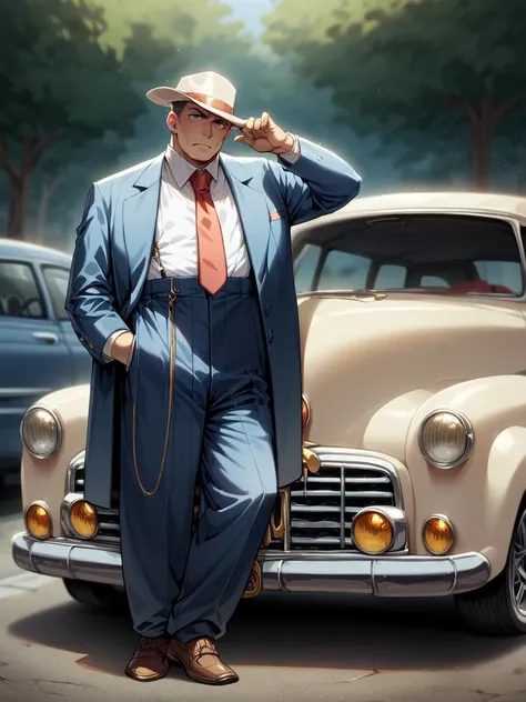 there is a man in a suit and tie standing next to a car