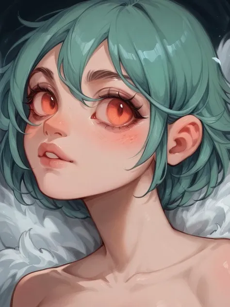 a close up of a person with green hair and red eyes