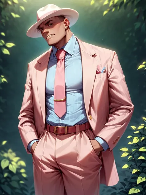 a close up of a man in a suit and hat standing in a garden