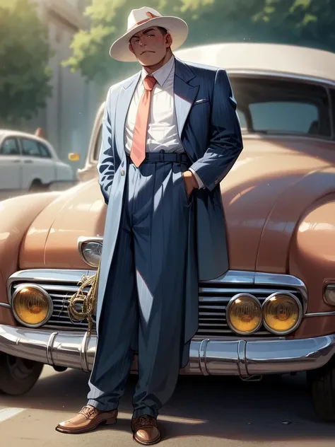 arafed man in a suit and hat standing next to a car