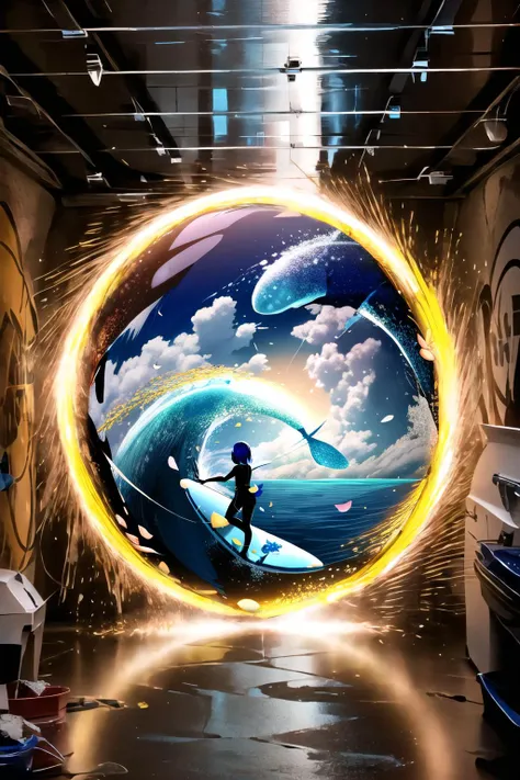 there is a man riding a surfboard in a room with a circular mural