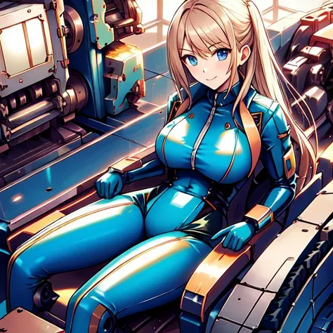 a close up of a woman in a blue suit sitting on a machine